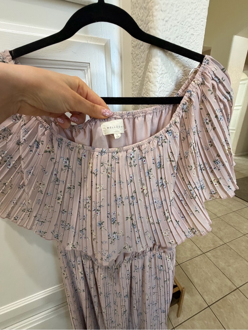 MELLODAY Blush Pink Pleated Off-Shoulder Floral Maxi Dress